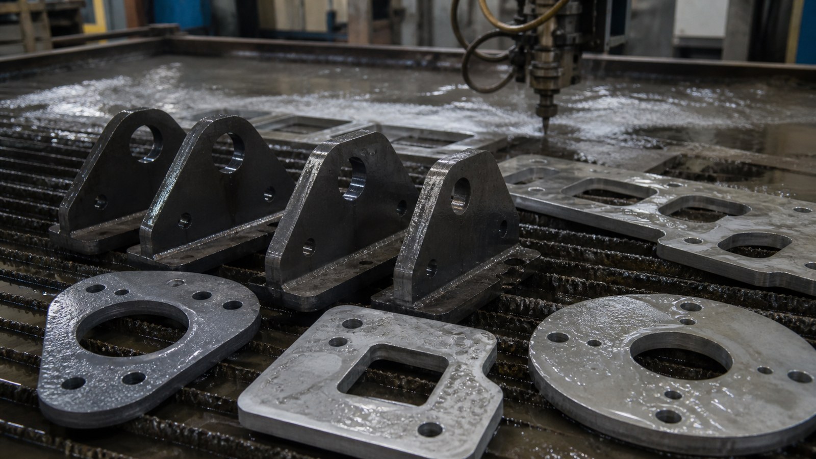 Heavy steel brackets and aluminum plates freshly cut on wet waterjet table with nozzle in background.