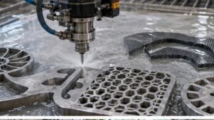 Advanced Waterjet Cutting Techniques for Complex Fabrication Projects shown as a realistic fabrication shop hero image.