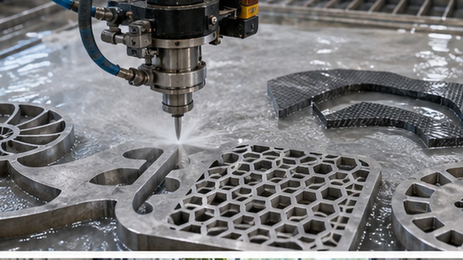 Advanced Waterjet Cutting Techniques for Complex Fabrication Projects shown as a realistic fabrication shop hero image.