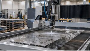 CNC Waterjet Systems shown as a realistic fabrication shop hero image.
