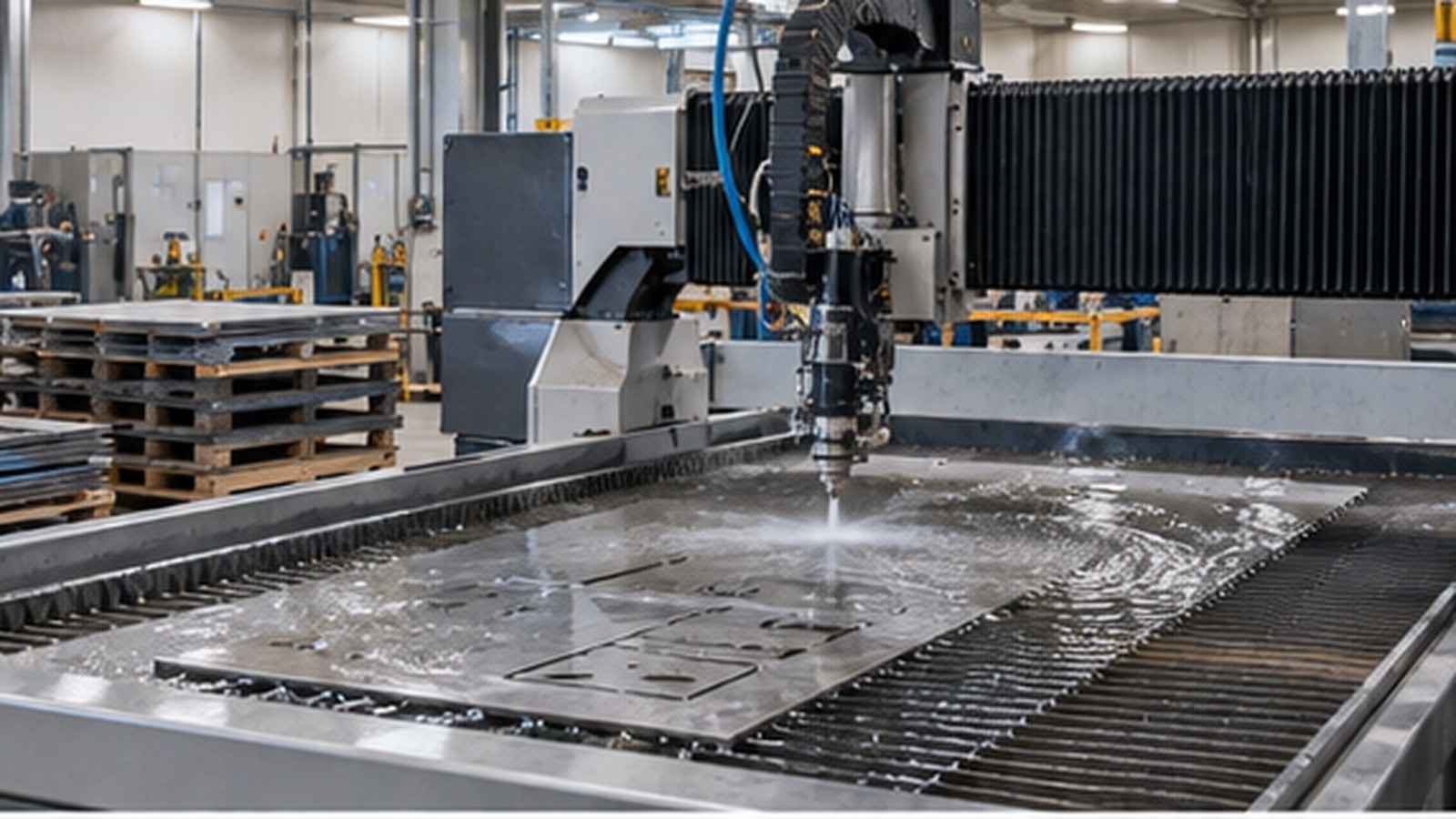 CNC Waterjet Systems shown as a realistic fabrication shop hero image.