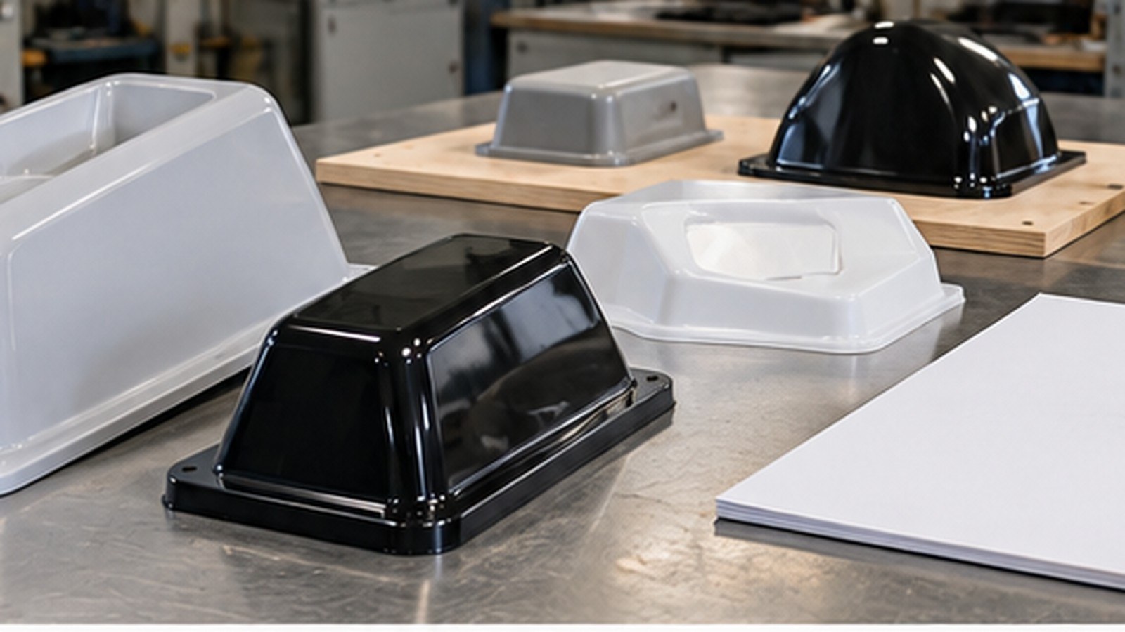 Designing Parts for Vacuum Forming shown as a realistic fabrication shop hero image.