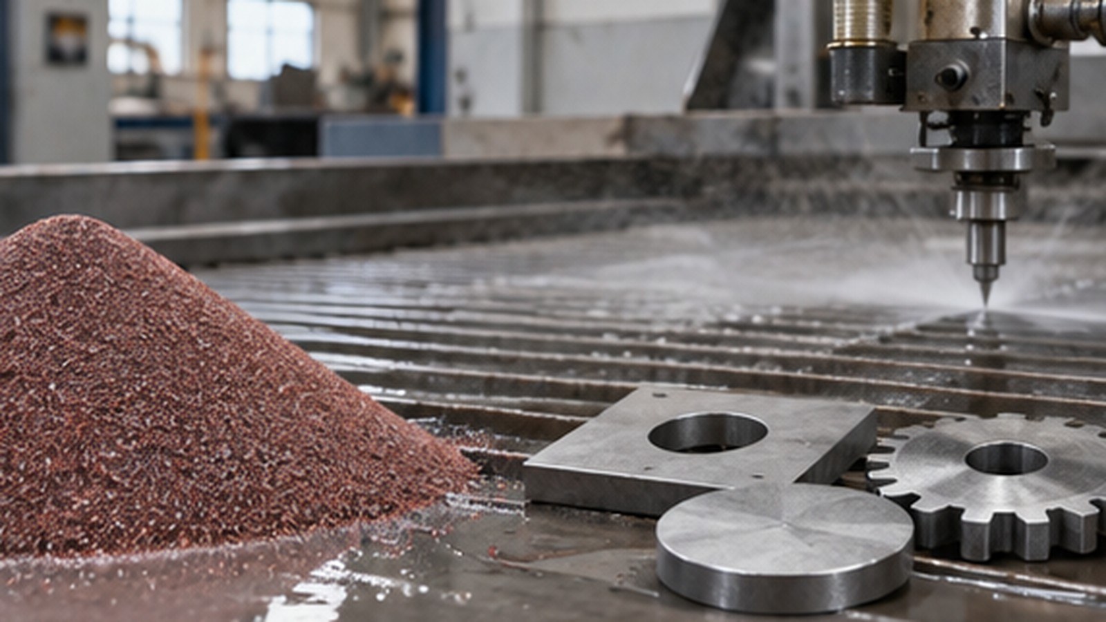 How Abrasive Selection Impacts Waterjet Cutting Performance shown as a realistic fabrication shop hero image.