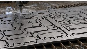 Reducing Material Waste with Waterjet Cutting Technology shown as a realistic fabrication shop hero image.