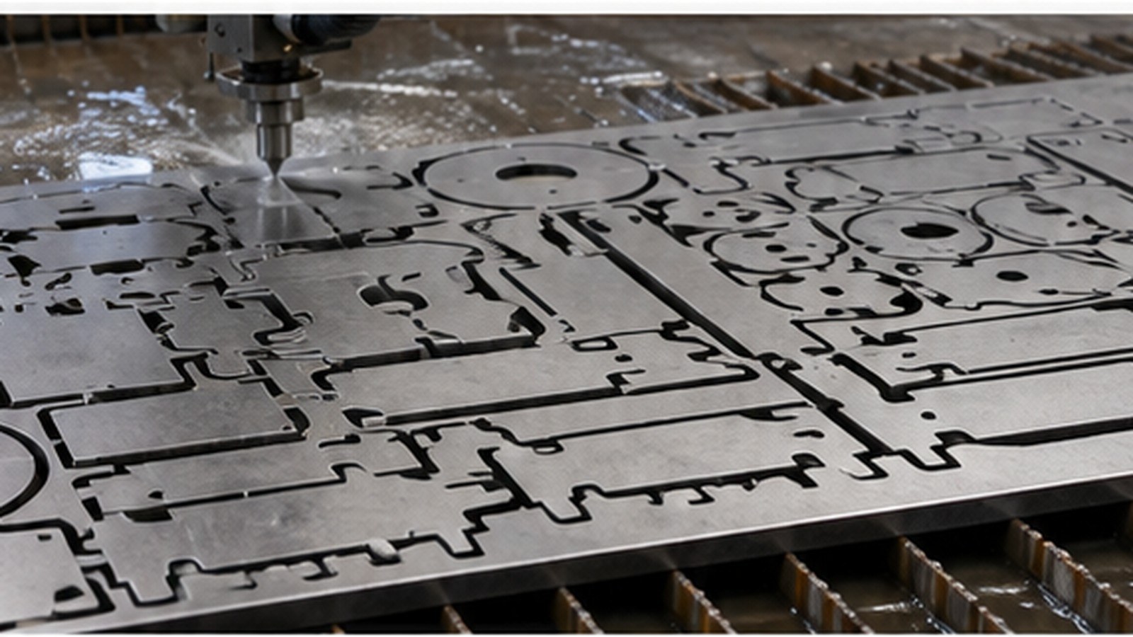 Reducing Material Waste with Waterjet Cutting Technology shown as a realistic fabrication shop hero image.