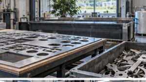 Sustainable Manufacturing Benefits of Waterjet Cutting Technology shown as a realistic fabrication shop hero image.