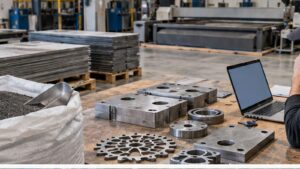 The Cost of Waterjet Cutting shown as a realistic fabrication shop hero image.