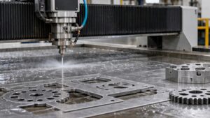 The Future of Waterjet Cutting in Manufacturing, Engineering, and Product Design shown as a realistic fabrication shop hero image.