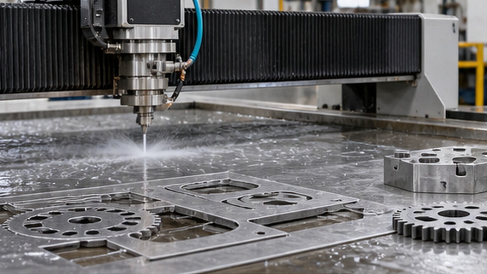 The Future of Waterjet Cutting in Manufacturing, Engineering, and Product Design shown as a realistic fabrication shop hero image.