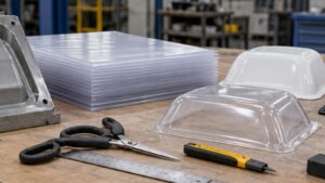 The Ultimate Guide to Vacuum Forming for Fabrication and Product Development shown as a realistic fabrication shop hero image.