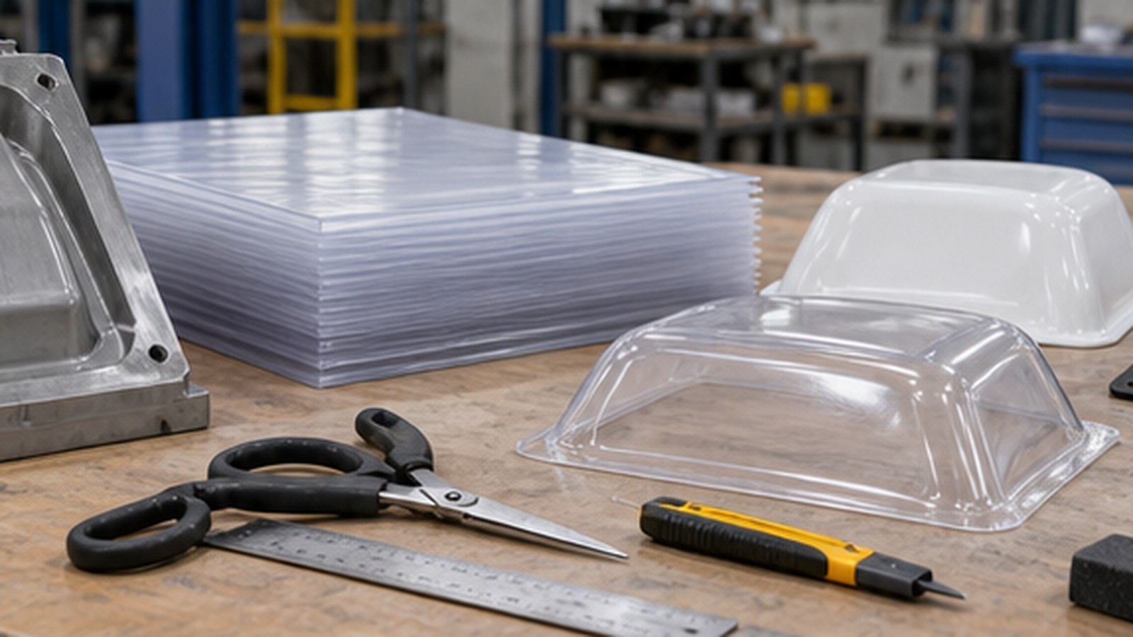 The Ultimate Guide to Vacuum Forming for Fabrication and Product Development shown as a realistic fabrication shop hero image.