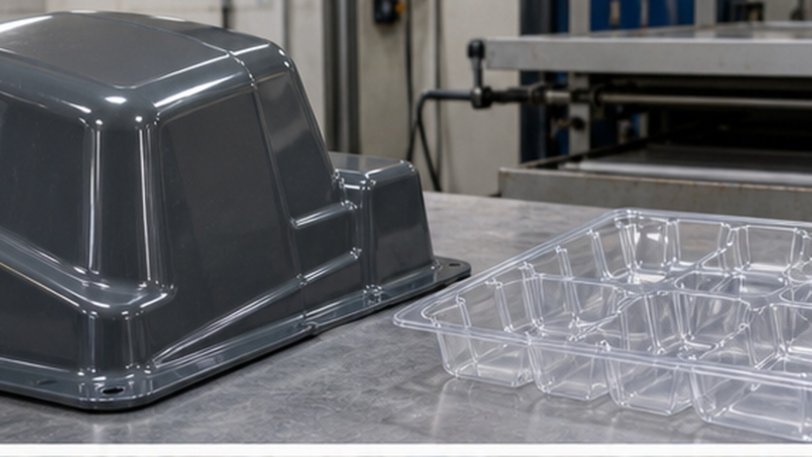 Thick-Gauge vs Thin-Gauge Vacuum Forming shown as a realistic fabrication shop hero image.