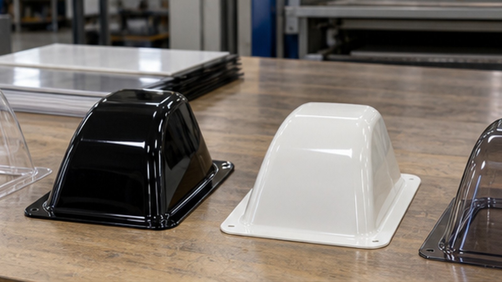 Vacuum Forming Acrylic, ABS, PETG, and Polycarbonate shown as a realistic fabrication shop hero image.