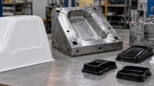 Vacuum Forming vs Injection Molding shown as a realistic fabrication shop hero image.