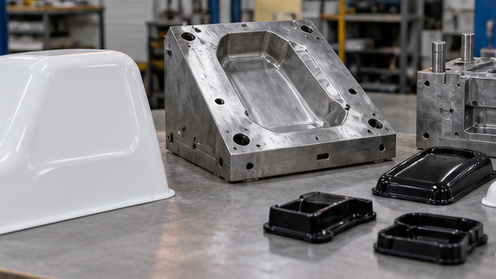Vacuum Forming vs Injection Molding shown as a realistic fabrication shop hero image.