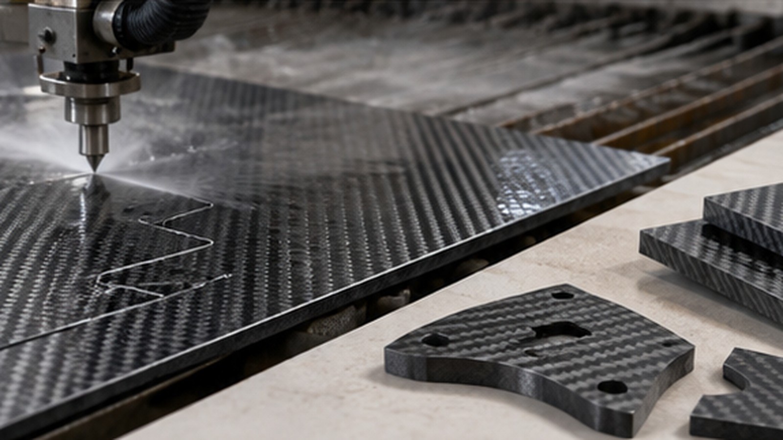 Waterjet Cutting Composite Materials shown as a realistic fabrication shop hero image.