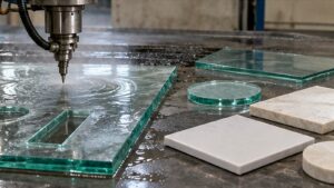 Waterjet Cutting Glass and Ceramics shown as a realistic fabrication shop hero image.