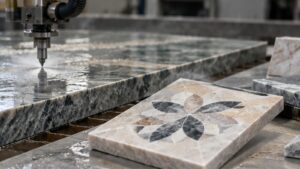 Waterjet Cutting Stone and Tile shown as a realistic fabrication shop hero image.