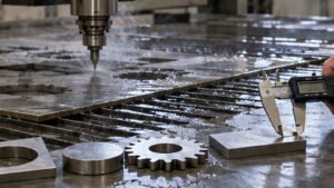 Waterjet Cutting Tolerances Explained shown as a realistic fabrication shop hero image.
