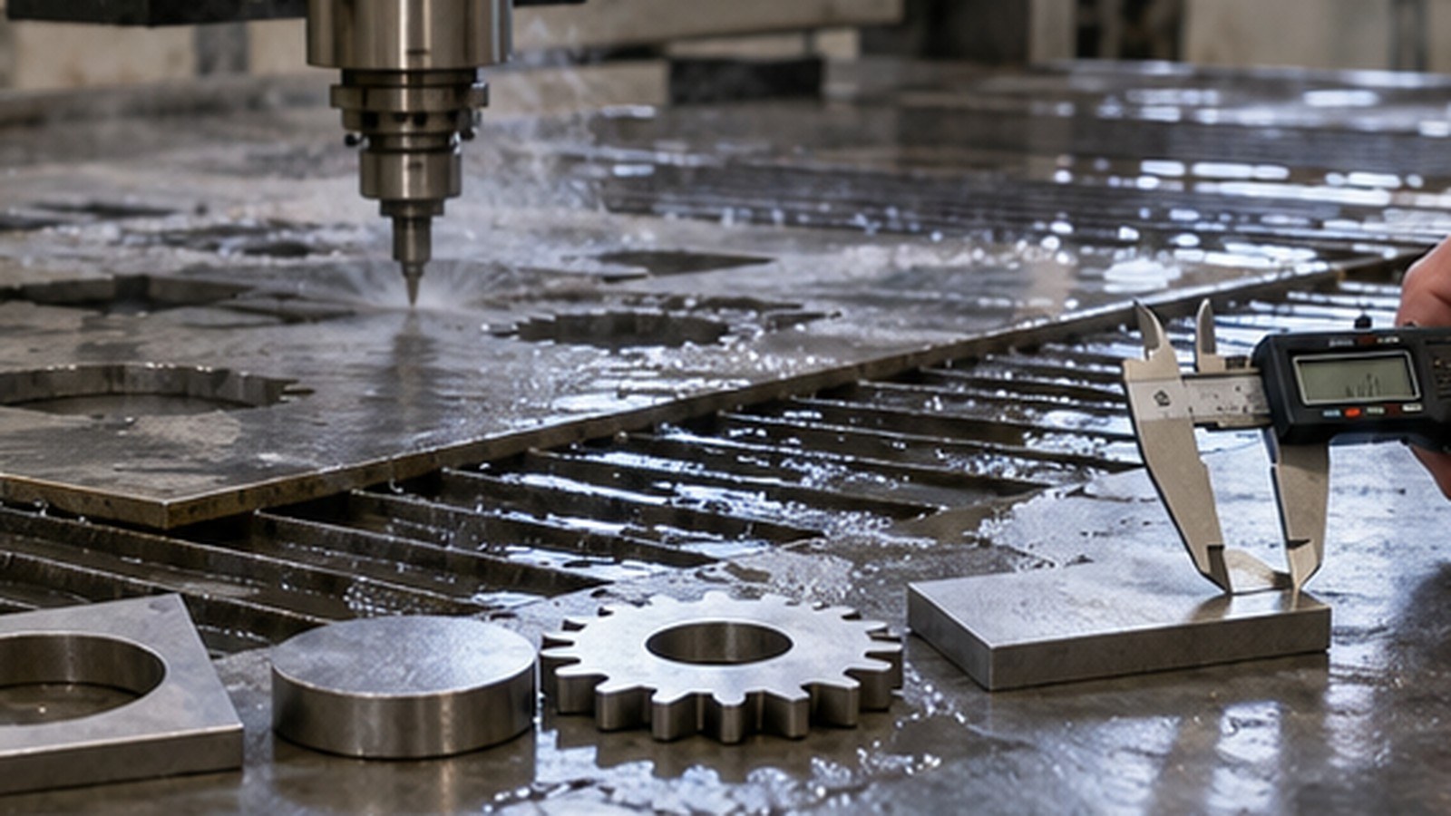 Waterjet Cutting Tolerances Explained shown as a realistic fabrication shop hero image.