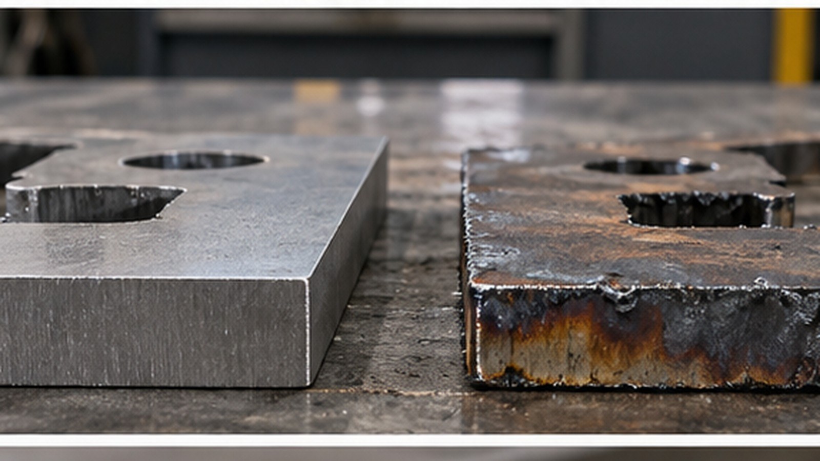 Waterjet Cutting vs Plasma Cutting shown as a realistic fabrication shop hero image.
